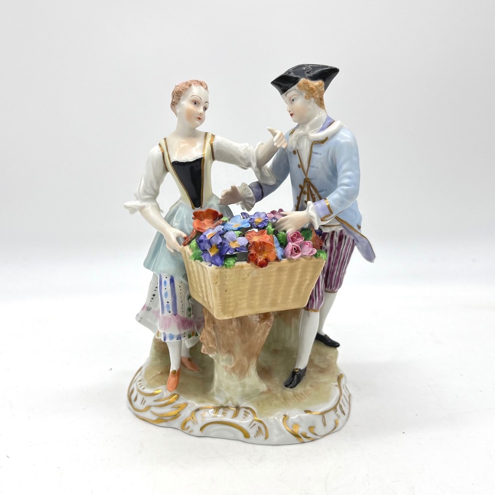 Dresden Porcelain Figurine Courtly Couple with Flower Basket FLAWED
